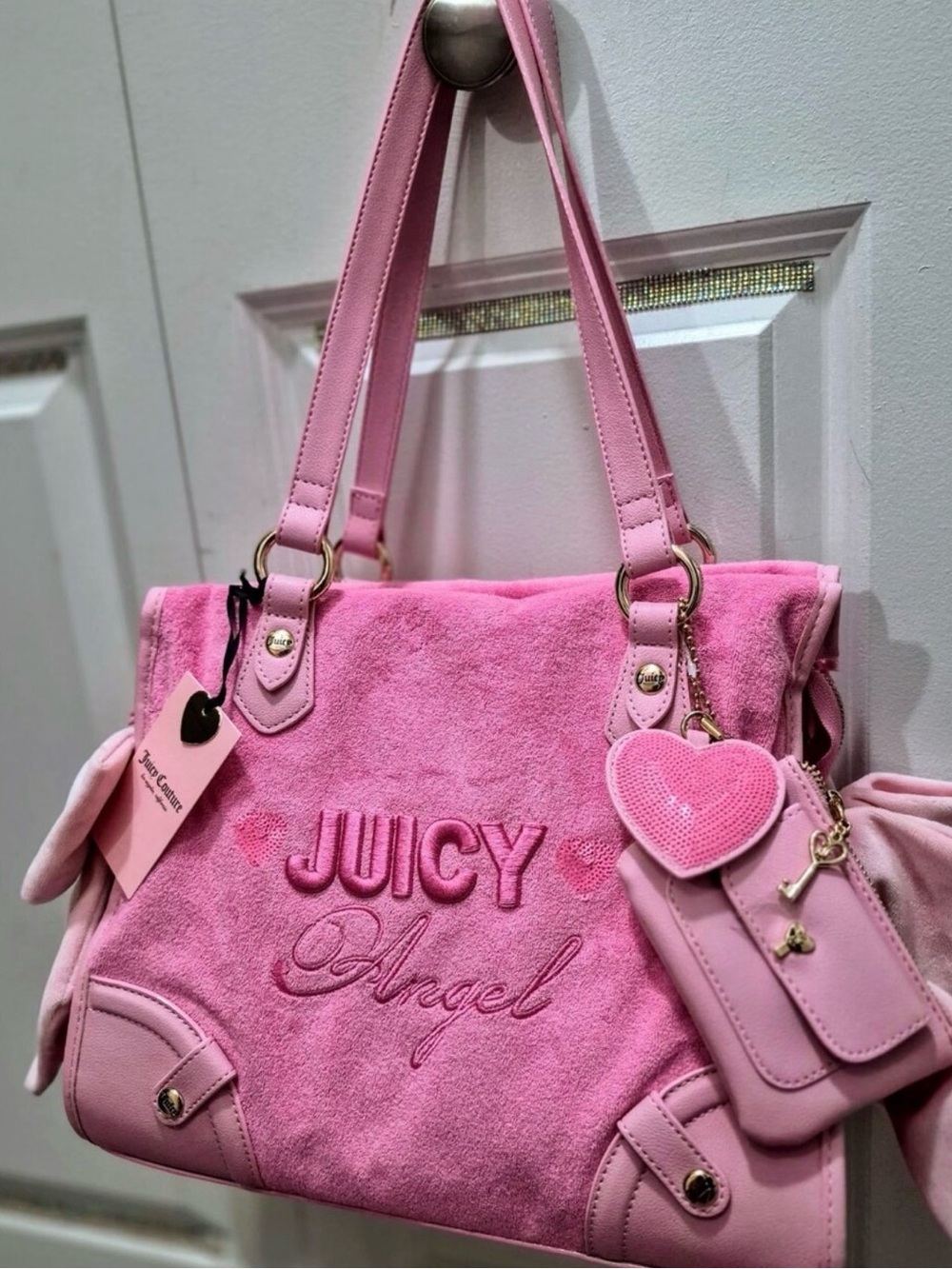 Juicy Couture Pink Plush Tote with Heart Charm Cardholder